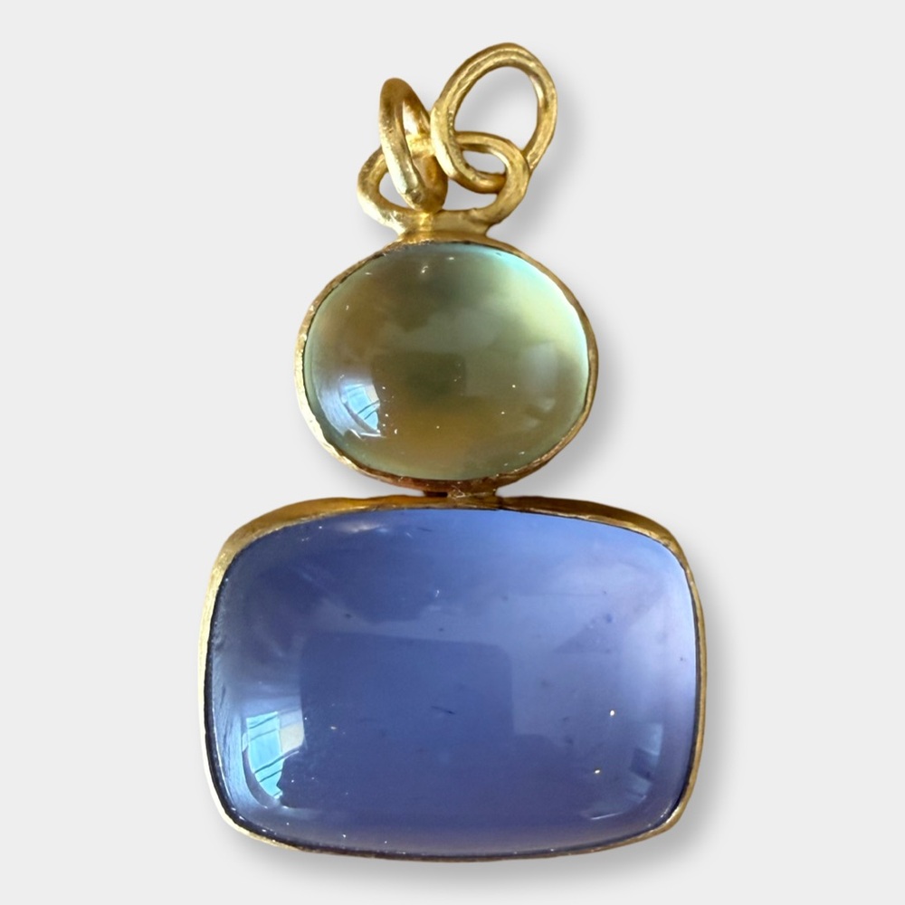 Lika Behar 24K Gold Pendant Blue Chalcedony Prehnite Cabochon Artisan
